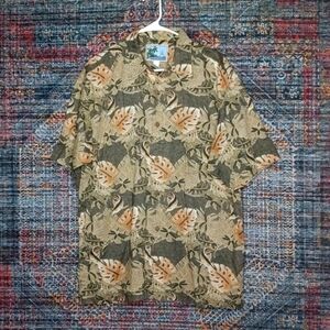 AFTCO mens black an beige Hawaiian leaves fishing shirt L USA EUC